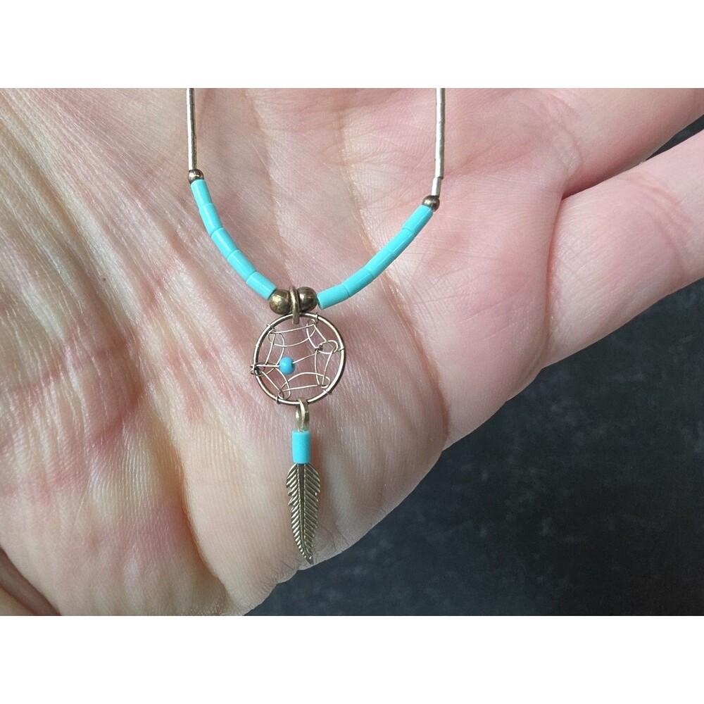Sterling Liquid Silver Turquoise Beaded Dream Catcher Pendant Necklace Vintage